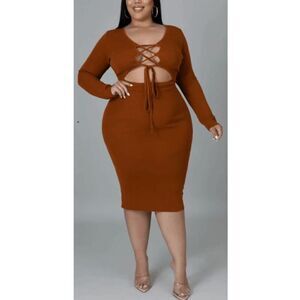 GoodTimesUSA Burnt Orange Copper Stretch Midi Dress Cut Outs Laced Front Size 3X